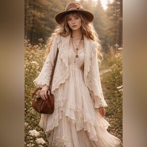 Open Knit Cardigan Shawl Collar Cream Lace Boho Cozy Sweater Medium